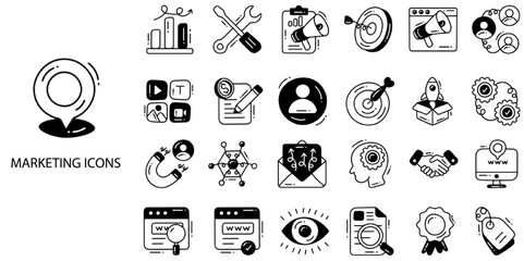 Fototapeta premium Marketing simple concept 24 hand drawn color icons set .Vector illustration.