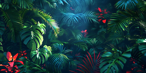 Lush tropical foliage vibrant green leaves red flowers soft diffused light background

