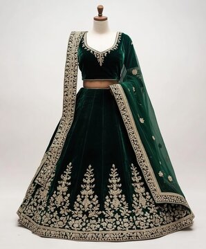 Elegant emerald green velvet embroidered indian bridal lehenga choli displayed on a mannequin in a studio setting