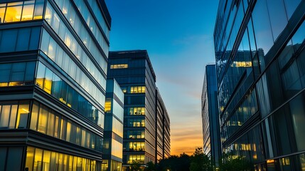 Fototapeta premium Modern cityscape evening office buildings illuminated