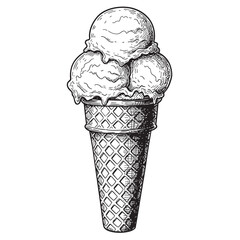 Ice Cream Scoops on a Cone Doodle Illustration – Hand-Drawn Black and White Line Art on Transparent Background