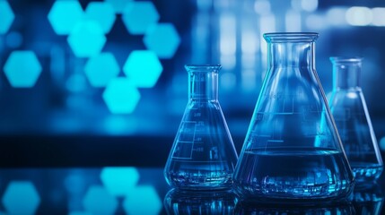 Laboratory glass beakers filled with colorful chemical solutions on a research lab table with futuristic hexagon interface overlay, symbolizing modern scientific analysis and chemical experimentation 