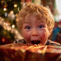 Naklejka premium Excited child peering into a Christmas gift.