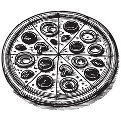 Vegetable Pizza Doodle Illustration – Hand-Drawn Black and White Line Art on Transparent Background