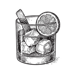 Old Fashioned Cocktail Doodle Illustration – Hand-Drawn Black and White Line Art on Transparent Background © SushiKo