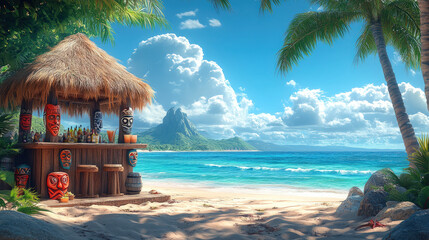 Tropical beach bar hut under palm trees