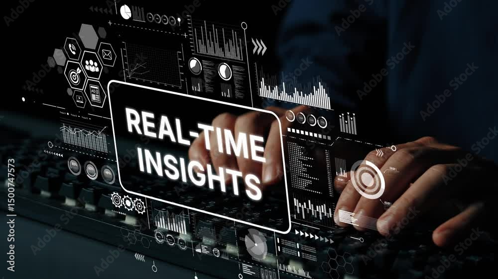 Poster Hands Typing on Keyboard with Digital Screen Displaying Real-Time Insights and Data Analytics Visuals in a Modern Workspace. Asymptotic smart data analytic.