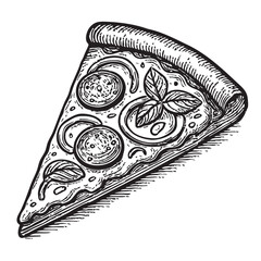 Single Slice of Pizza Doodle Illustration – Hand-Drawn Black and White Line Art on Transparent Background