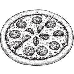 Pepperoni pizza Doodle Illustration – Hand-Drawn Black and White Line Art on Transparent Background