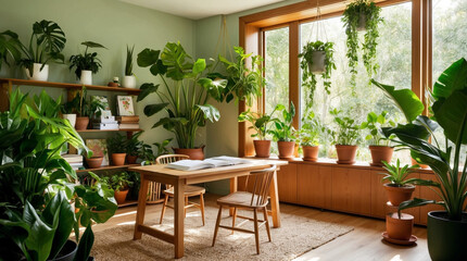 Fototapeta premium Lush indoor plant filled study room with wooden accents