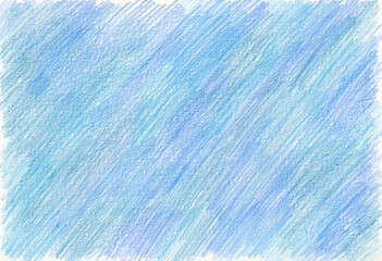 Abstract blue background. Ultra marine, cobalt, cyan colors. Filled with texture drawn with colored pencils. Diagonal strokes. Different shades and blurs. White background can be seen in the heavens.