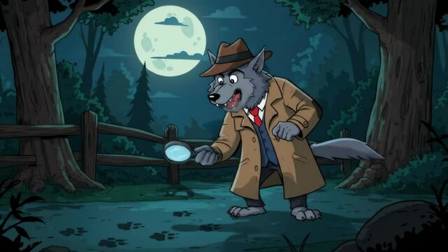 Cartoon werewolf detective investigating under the moonlight