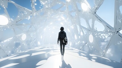 A person walking through a white, geometric tunnel.