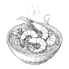 Prawn Rice Bowl Doodle Illustration – Hand-Drawn Black and White Line Art on Transparent Background