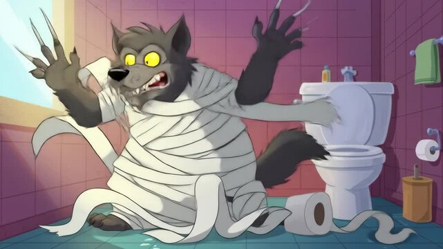 Cartoon werewolf wrapped in toilet paper like a mummy
