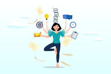 Busy businesswoman holding work stuff with finishing checklist tasks, productivity or efficiency, manage busy work to finish task or checklist, solving overworked and develop time management strategy