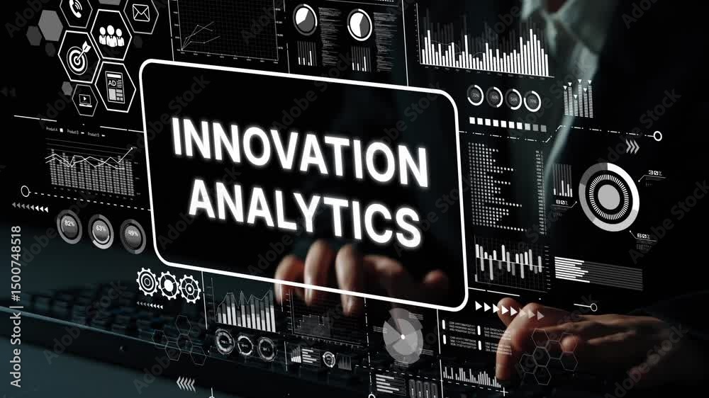 Poster Innovative Analytics Technology Concept with Futuristic Data Visualization and Business Charts Displayed on Digital Screen. Asymptotic smart data analytic.