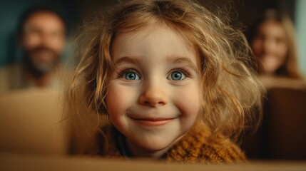 A joyful girl smiles brightly, surrounded by family and joy.