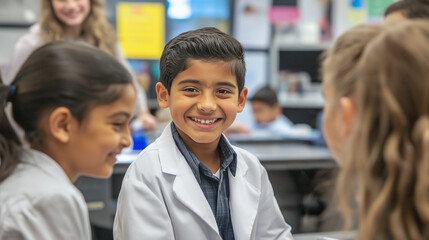 Happy elementary school students wearing lab coats are smiling and engaging in lively interactions during an exciting science lesson in their vibrant classroom environment