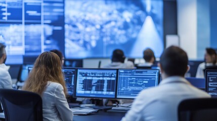 Software engineers and it specialists collaborating in a network operations center, monitoring large screens displaying global maps and data flow while developing innovative technologies