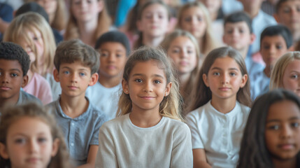 Obraz premium Diverse group of elementary school students sitting together, listening attentively in a classroom, with a smiling girl in the foreground showing engagement in learning
