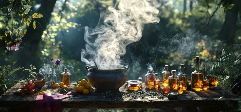 Mystical Potion Brewing in a Forest Setting