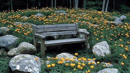 Wooden bench in spring tulip garden