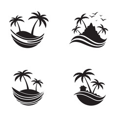 Collection of black and white beach and tropical island silhouette illustrations with palm trees