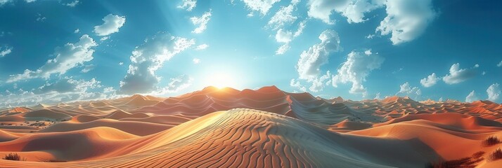 Sunrise Over Sand Dunes in Scenic Desert Landscape with Blue Sky and Clouds