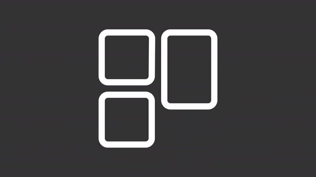 Grid layout ui icon white line animation. Cascading style sheets. Complex responsive web design. Websites development animated user interface element on dark background. Transparent HD video