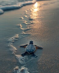 A sea turtle hatchling crawls toward the ocean at sunrise, symbolizing new life and hope on Ocean Day and Environment Day.







