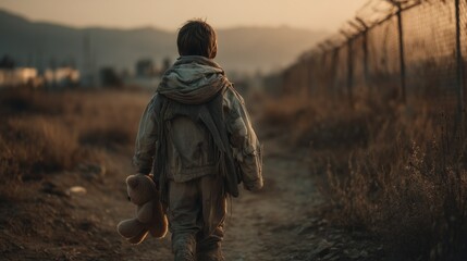 Naklejka premium A child refugee clutching a teddy walks through a desolate refugee camp, symbolizing toddler suffering on world refugee day.