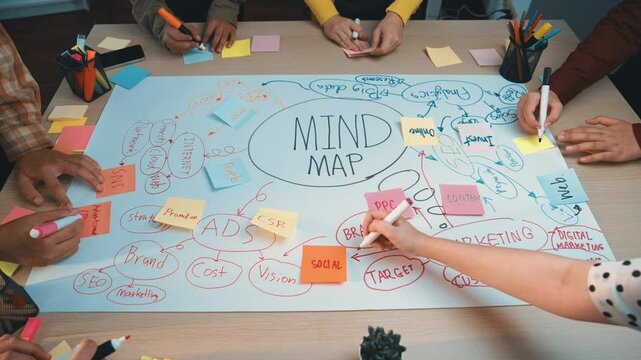 A vibrant mind mapping session featuring hands actively participating with colorful sticky notes and markers on a wooden table, fostering collaboration and idea exploration. SACTR