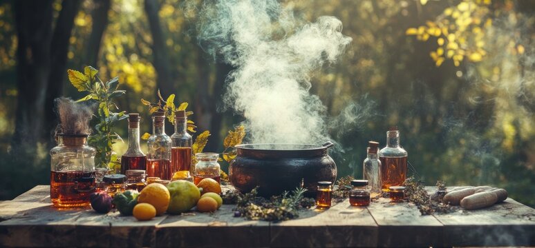 Mystical Potion Brewing: An Enchanting Autumnal Scene