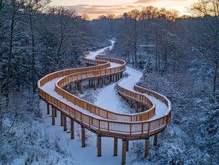 Scenic winter boardwalk winding through snowy woods