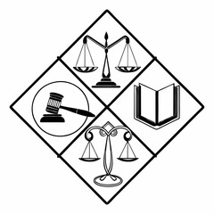 Set of icons illustrating the balance of law and finance with pyramid and mountain symbols