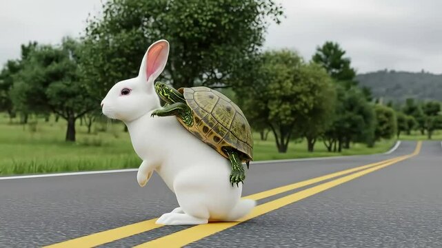  Fable Reimagined: Hare Gives Turtle a Ride on Open Road.