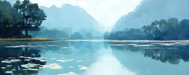 Serene lake, misty mountains, calm reflection, nature