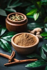 Aromatic Cinnamon Powder and Spices amidst Lush Greenery