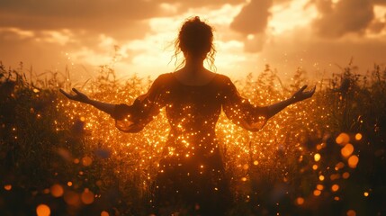 Woman stands with open arms in field, light shining around her, at sunset