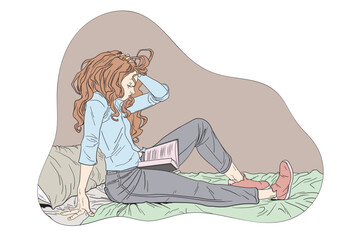 Young Woman Feeling Tired While Reading a Book on Bed Vector Illustration