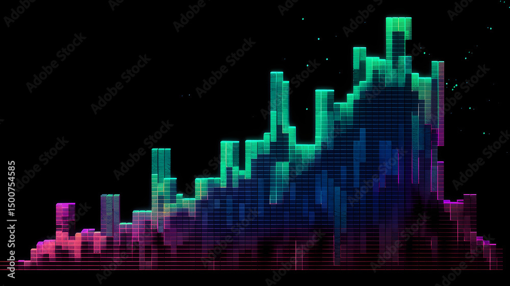 Poster abstract landscape of rising blocks with gradient colors on a dark background with small particles