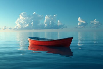 Red boat floats on calm sea under clouds. Peaceful ocean scene