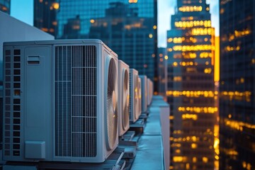 Cityscape Rooftop HVAC Units at Dusk