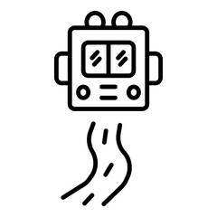 Depicts a stylized view of a vehicle, possibly a bus or camper, with a winding road beneath it, suggesting travel or a journey.