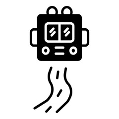  Solid silhouette of a boxy vehicle, potentially a bus or camper, with a winding road flowing beneath, symbolizing a journey or movement.