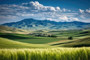 Fototapeta premium Serene Green Fields and Distant Mountain Beauty