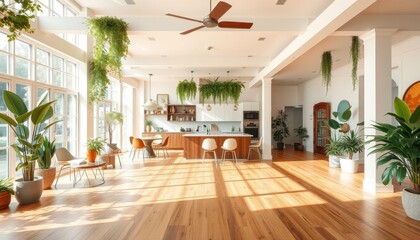 open concept room with wooden floors and lush foliage