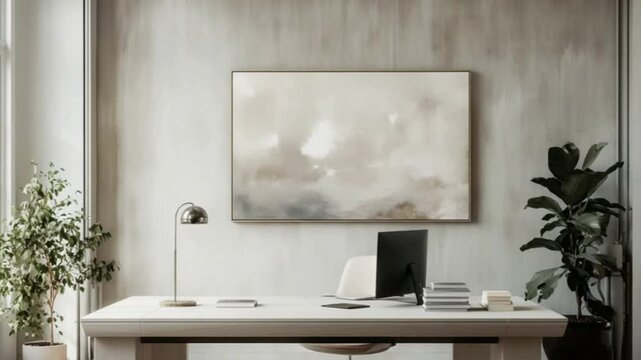 A serene, modern home office setup featuring a clean white desk, a computer monitor, minimalistic decor, and indoor plants. The neutral color palette and soft lighting create a calming environment ide