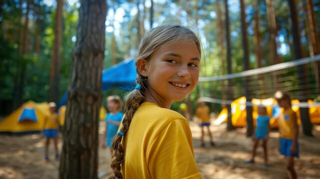 smiling little girl in a children's summer camp plays volleyball, child, kid, childhood, summer, forest, ball, net, game, vacation, recreation, trees, tents, sport, competition, tourist, scout